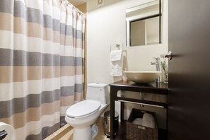 Hair dryer, towels, soap, shampoo