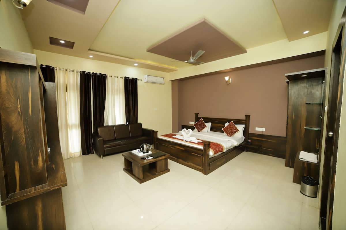 A hotel room with a bed, a sofa, a coffee table, a ceiling fan, and an air conditioning unit.
