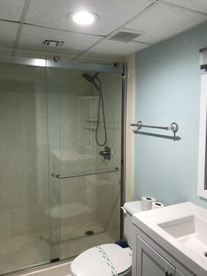 Shower, hair dryer, towels