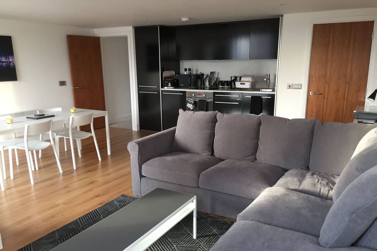 Un salon moderne avec un canapé gris, une table à manger avec des chaises et un coin cuisine doté de meubles et d’appareils électroménagers noirs.