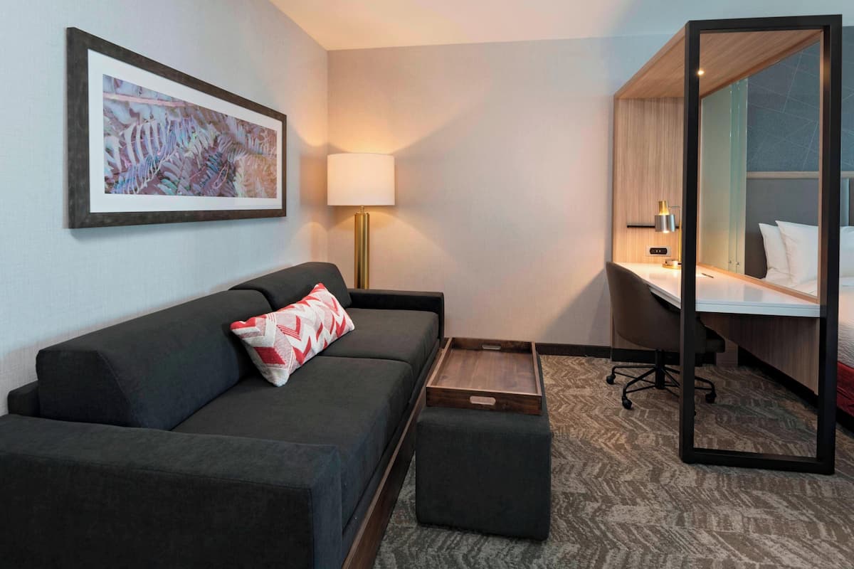 Una habitación de hotel moderna con un sofá gris oscuro, una pequeña mesita de madera, un escritorio con una silla, un espejo grande y un cuadro abstracto enmarcado en la pared.