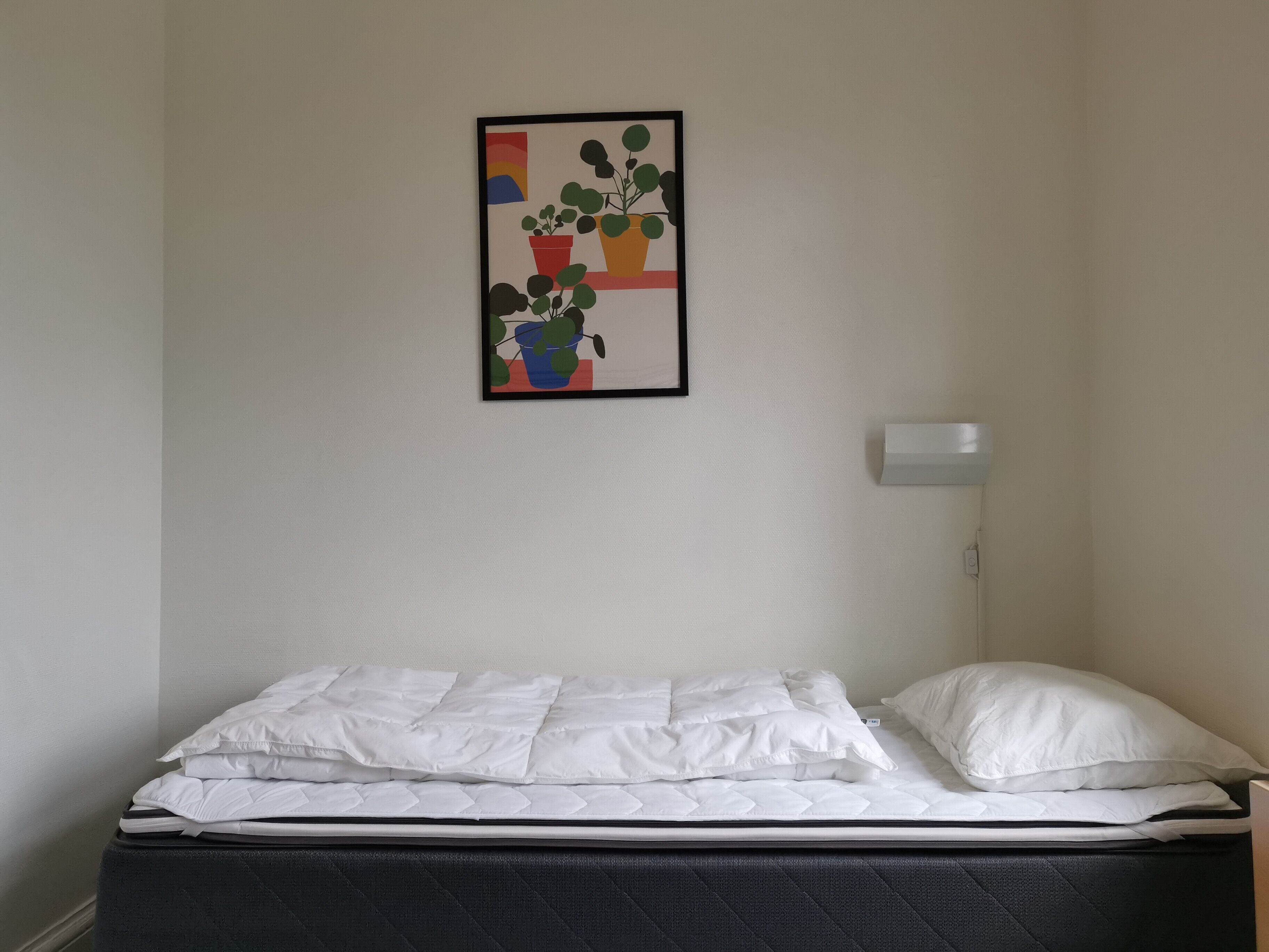 A neatly made bed with white bedding in a room with a plain wall and a framed artwork above it.