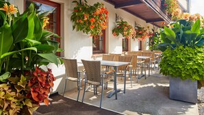 An outdoor seating area with wicker chairs and tables, surrounded by potted plants and hanging flower baskets. - Hotel garni Sonnenhof (Moritzburg)
