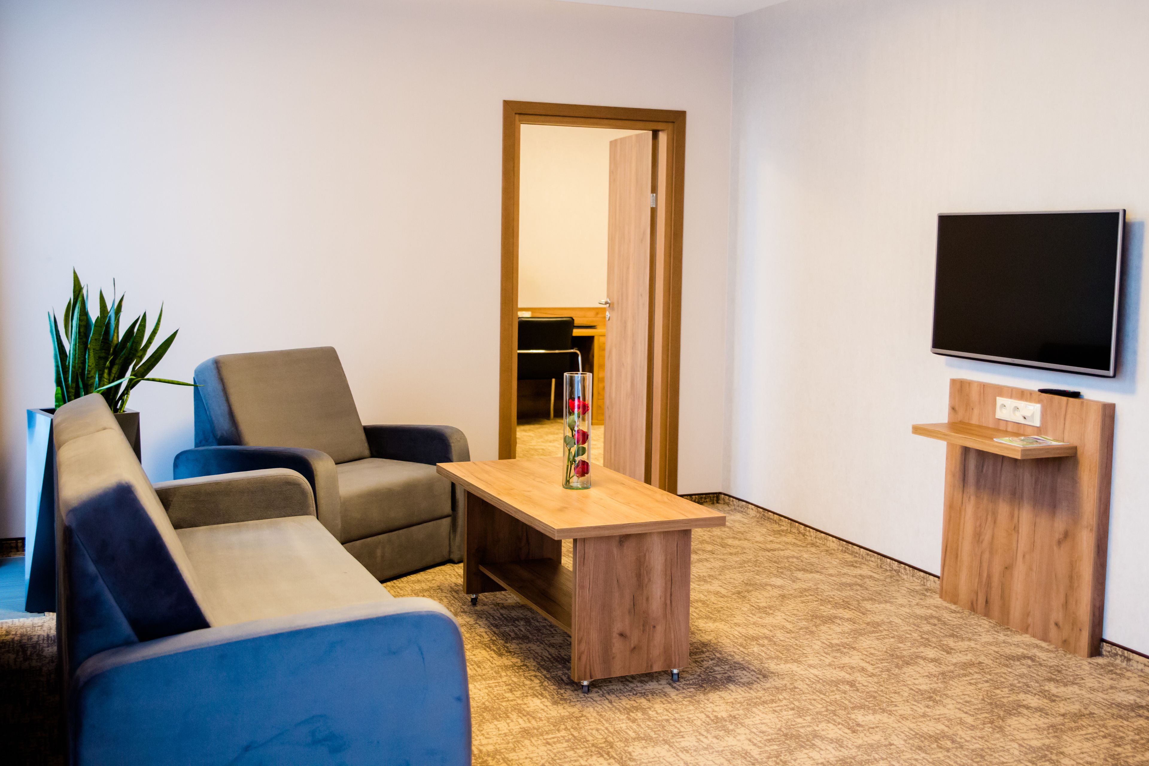 A modern living room with a sofa, armchair, coffee table, and a flat-screen TV mounted on the wall.