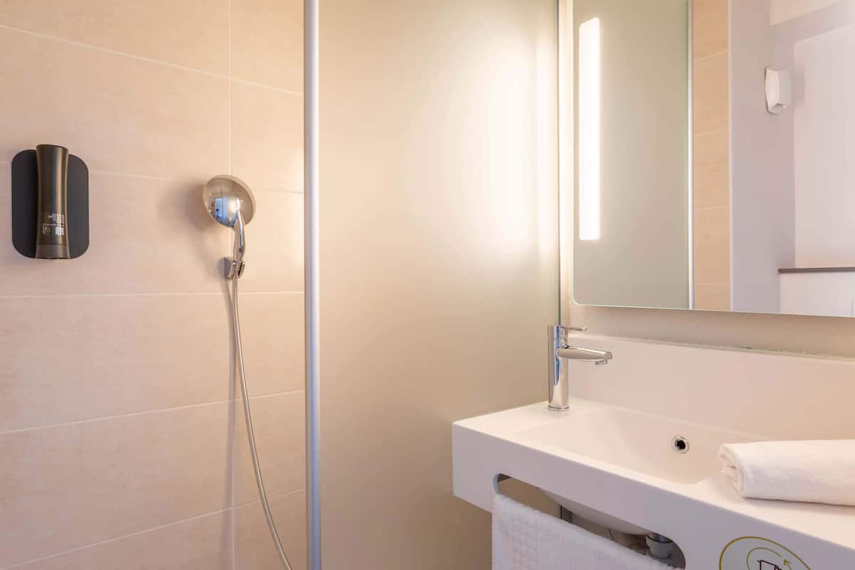 shower, free toiletries, hair dryer, towels