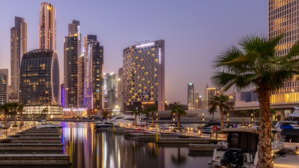 Un port de plaisance avec des bateaux, un hôtel appelé « Hotel Indigo », et, au loin, des immeubles modernes de grande hauteur.