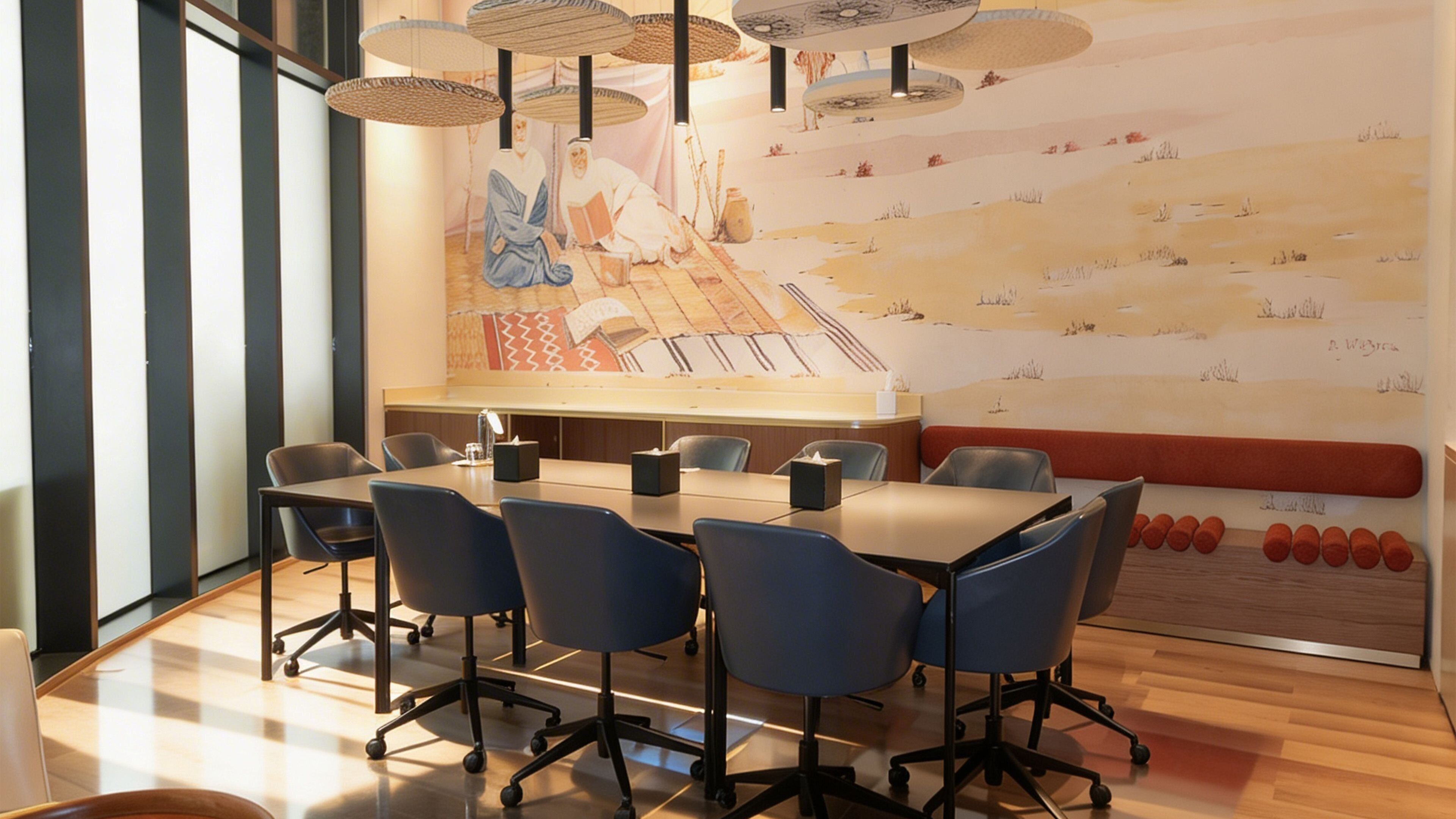 A conference room with a long table, six chairs, and a large mural on the wall.