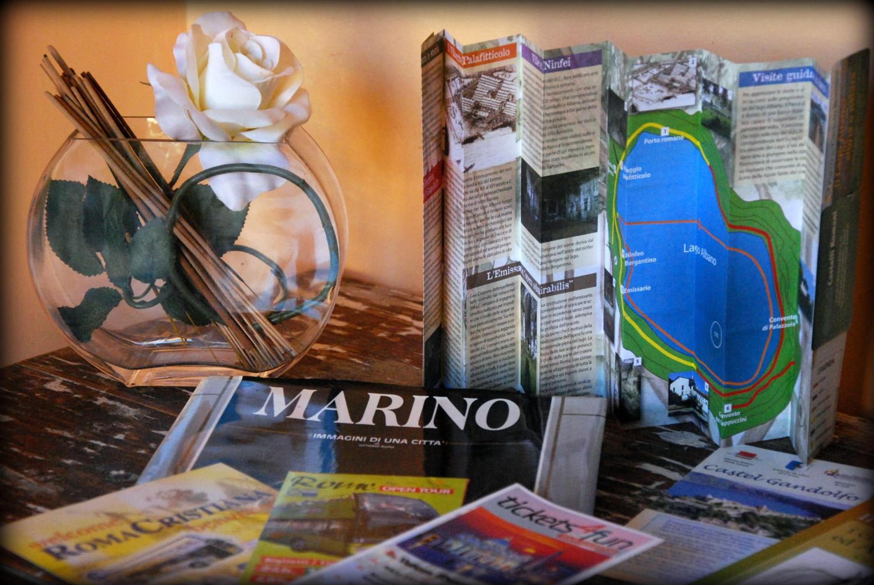 Un vas de vidre amb una rosa blanca i fulles negres, un mapa d'una zona costanera, i una revista titulada 'MARINO' sobre una taula.