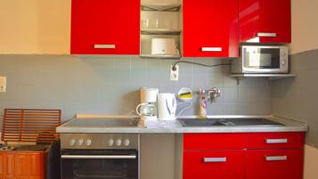 Fridge, microwave, oven, cookware/dishes/utensils