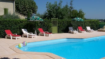 Seasonal outdoor pool, pool umbrellas, pool loungers
