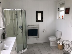 A modern bathroom with a glass-enclosed shower, a white toilet, and a sink.