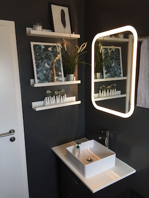 Douche, sèche-cheveux, serviettes fournies, savon