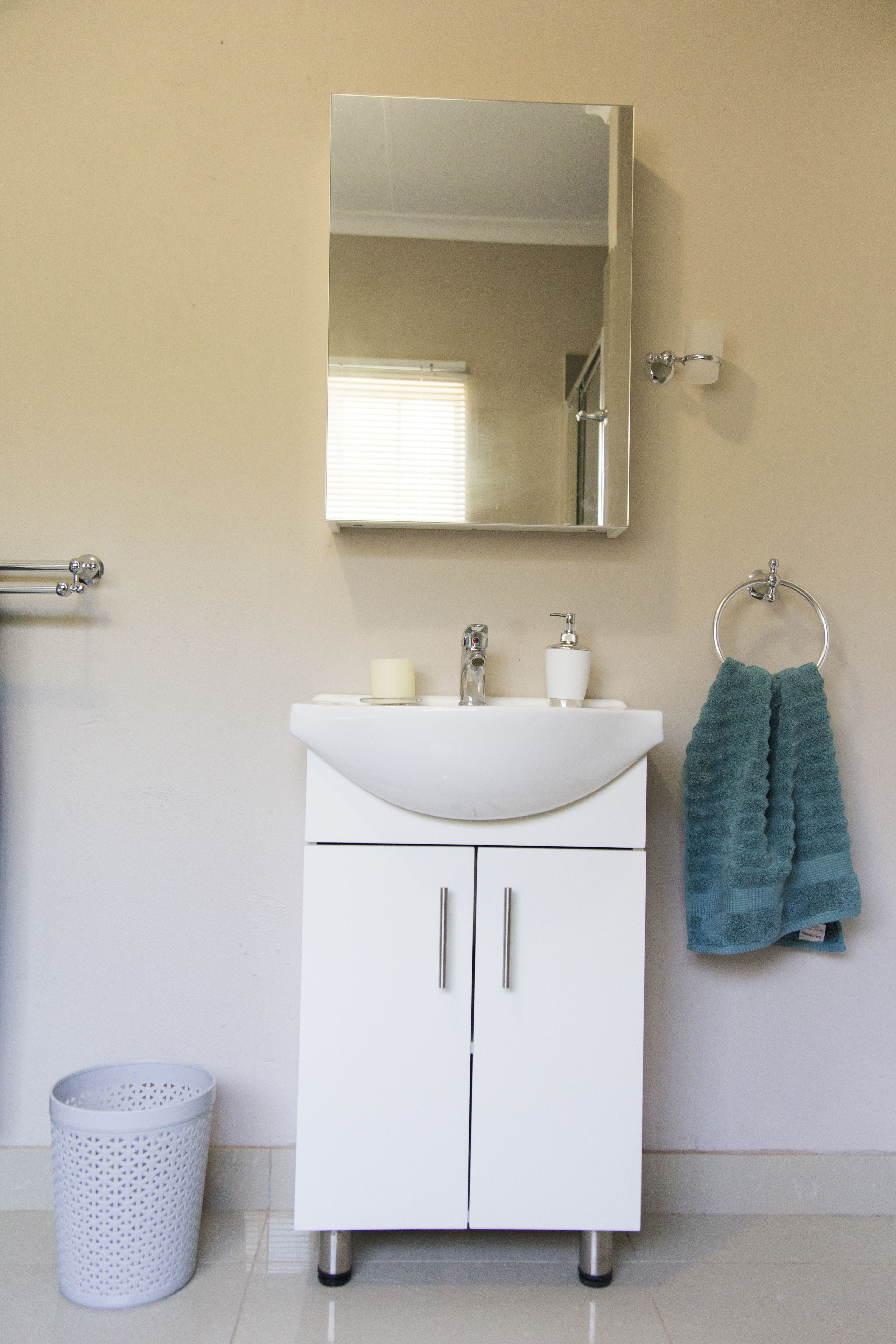 A bathroom with a white sink, mirror, and towel ring.