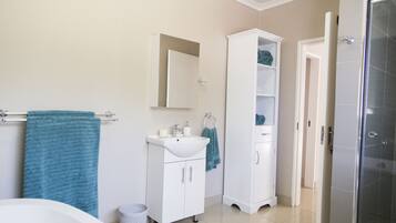 Un baño con bañera, lavamanos, espejo, armario y zona de ducha.