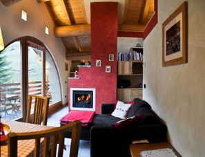 TV, fireplace, books, stereo