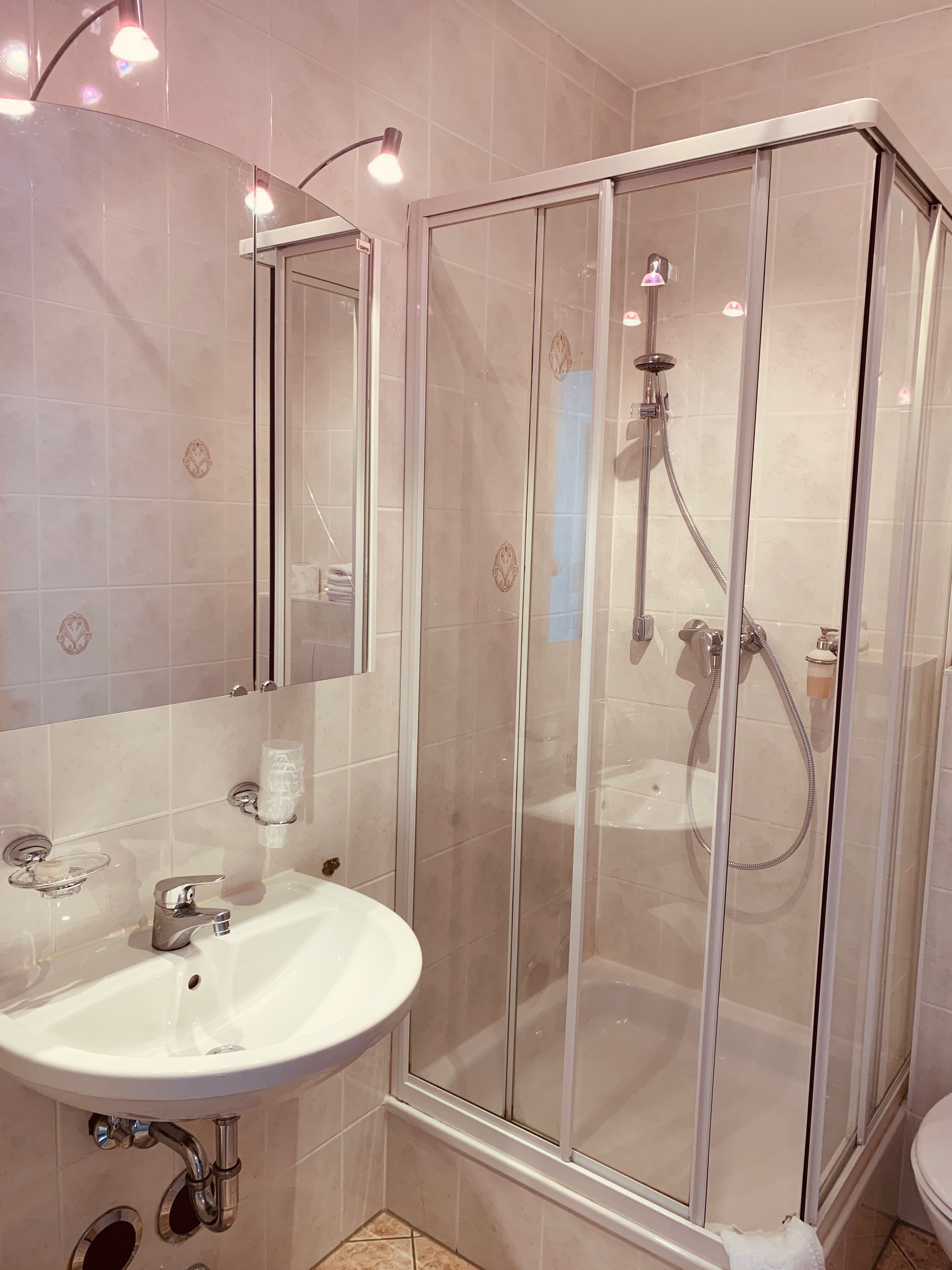 Une salle de bain avec une douche à parois de verre, un lavabo blanc et un miroir.