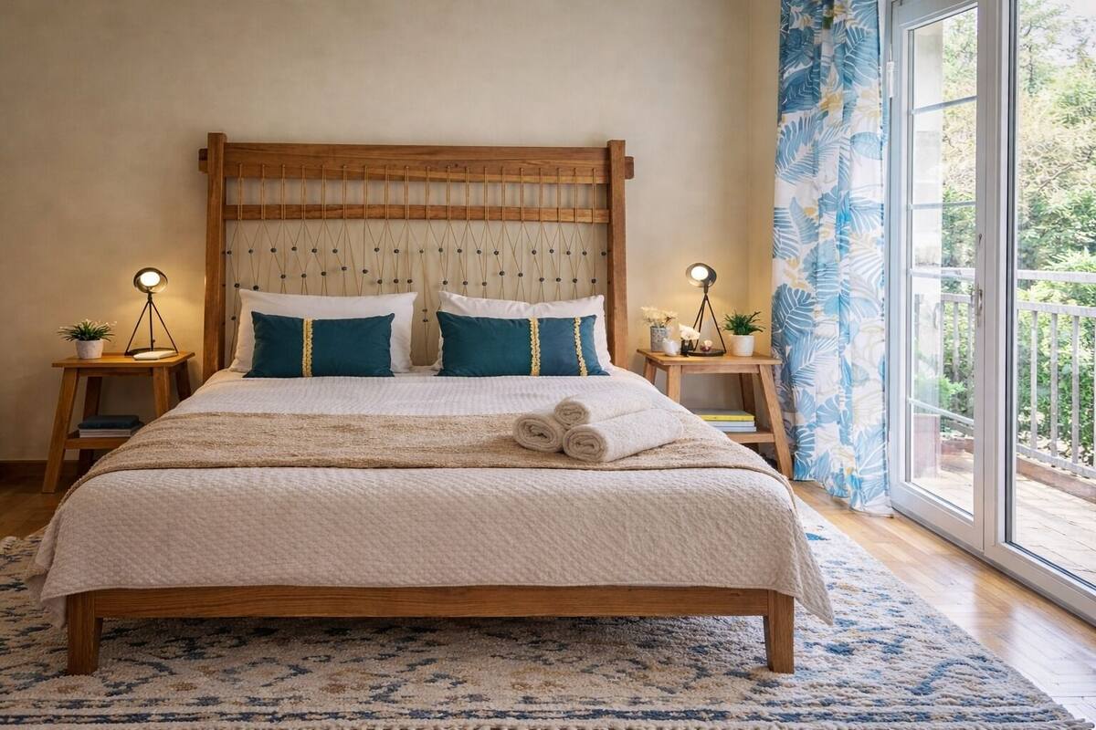 A bed with a wooden headboard, two bedside tables with lamps, a large window with a view of greenery, and a patterned rug.
