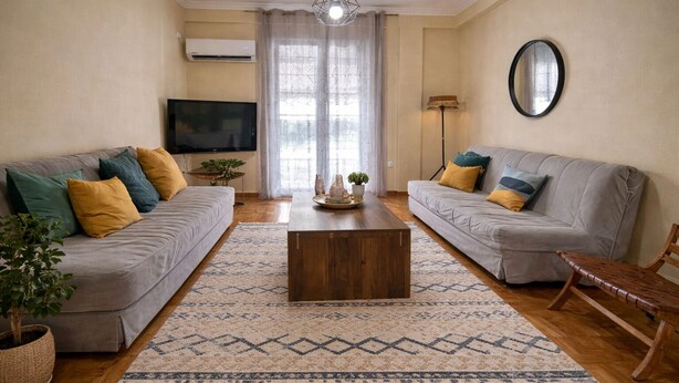 A living room with two sofas, a coffee table, a TV, and a mirror. - Mignon & Teak (Athens)