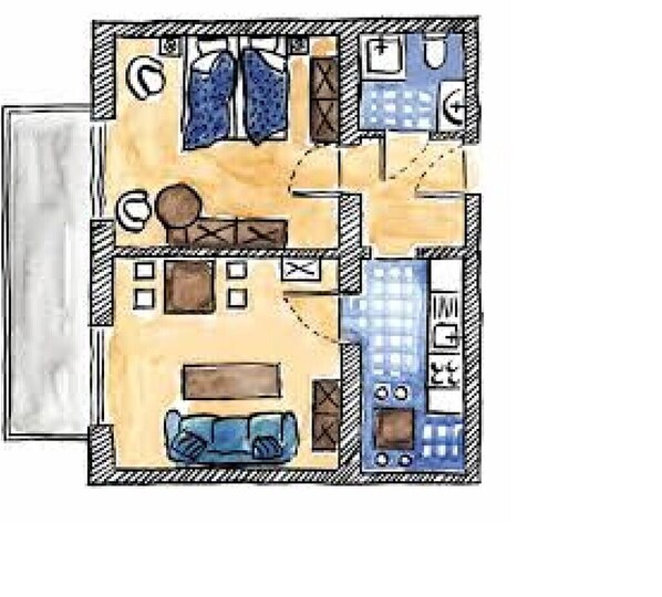 A floor plan of a hotel room with a bed, a desk, a chair, a small table, and a wardrobe.