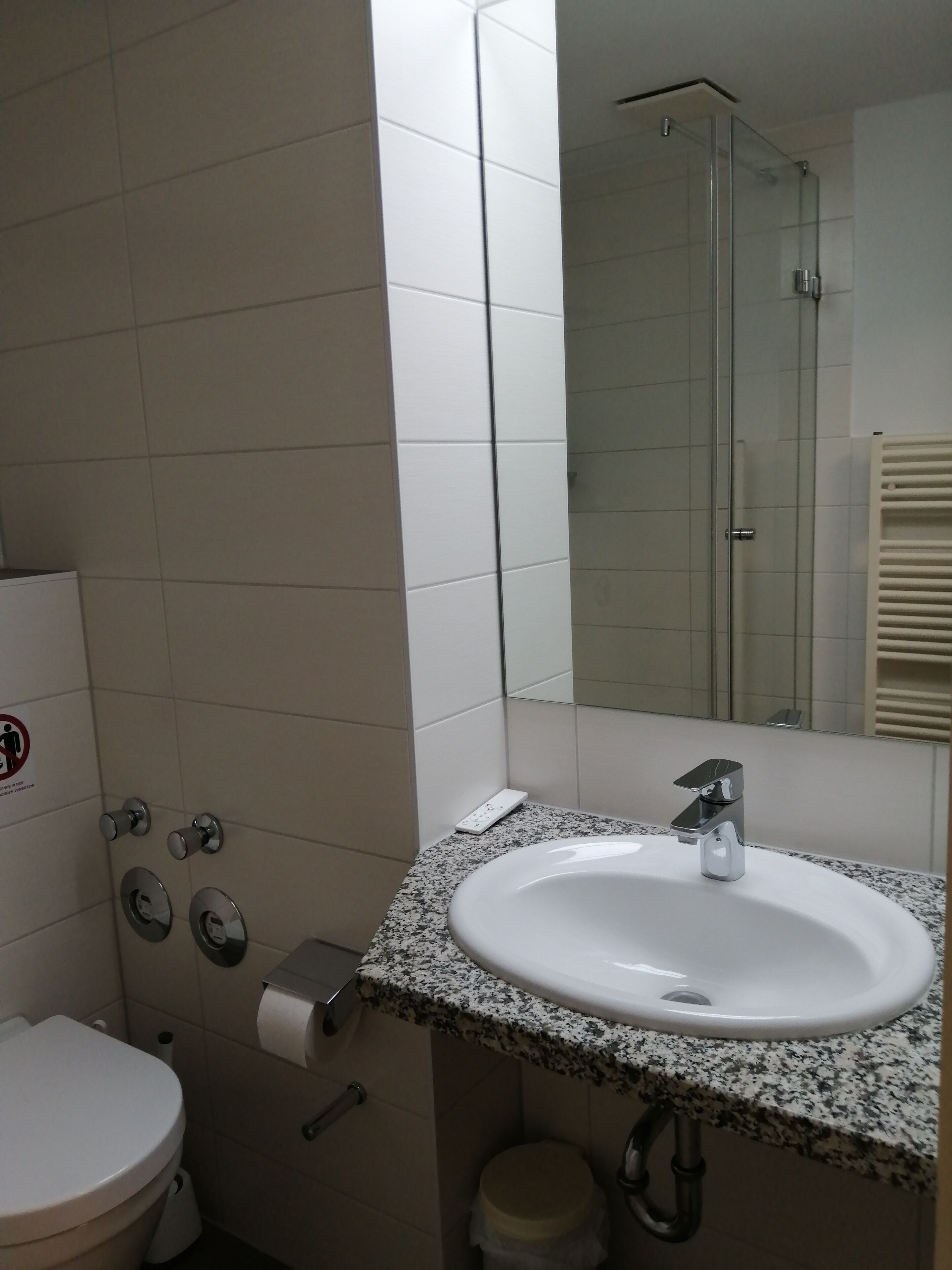 A bathroom with a white sink, a mirror, a shower, and a toilet.