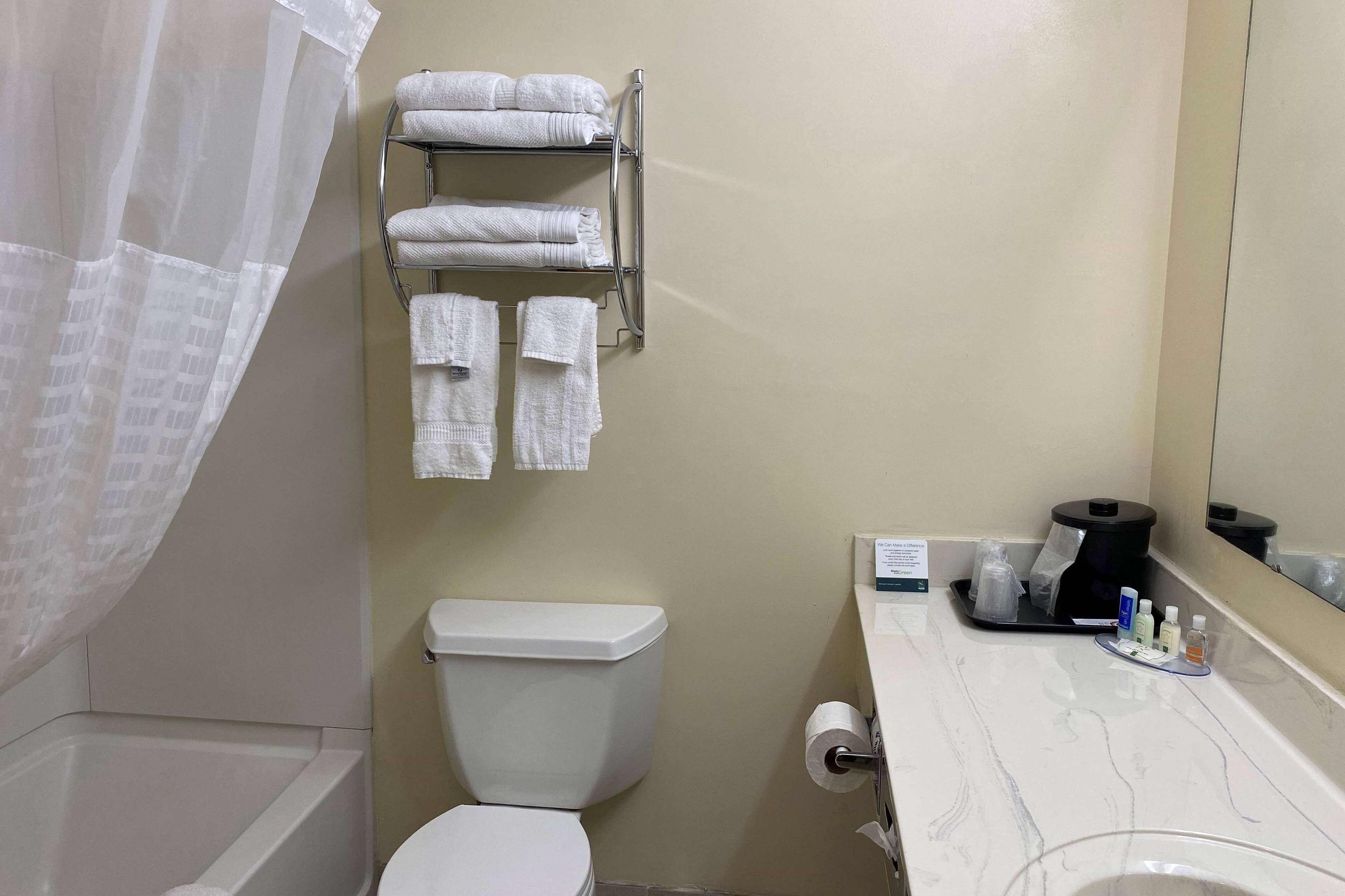 Un baño con inodoro, toallero con toallas dobladas, cortina de ducha, lavamanos con artículos de aseo y espejo.