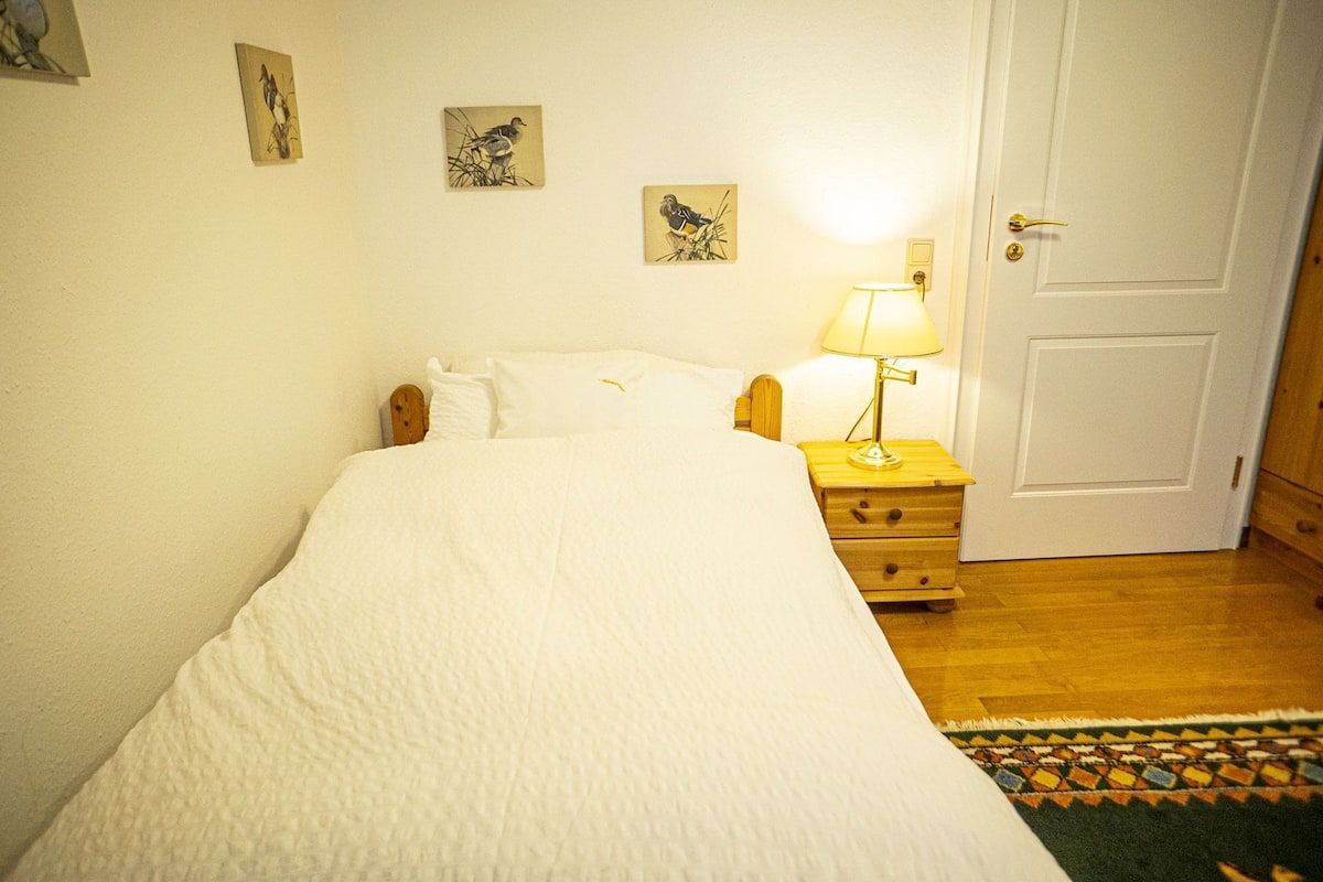 Ein Schlafzimmer mit einem Bett, einem Nachttisch mit Lampe, einer Tür und einem kleinen Teppich.
