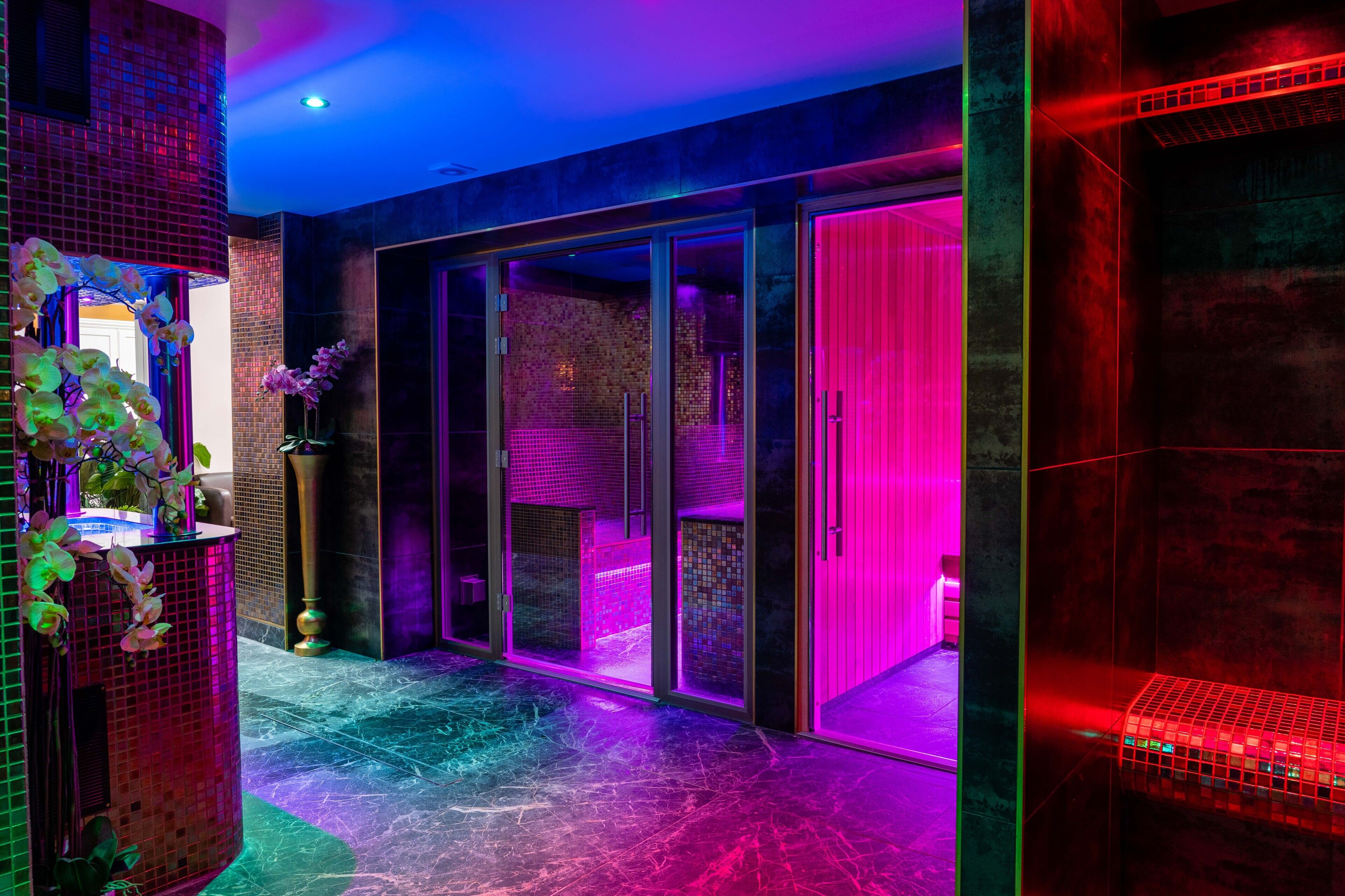 A spa area with glass doors, a tiled floor, and a plant.