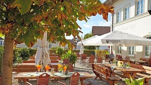 Un espace extérieur aménagé avec des tables et des chaises en bois, entouré de plantes en pot et bordé par un bâtiment sur lequel est apposée une enseigne.