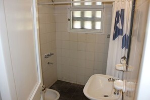 A small, compact bathroom with a shower, toilet, and sink.