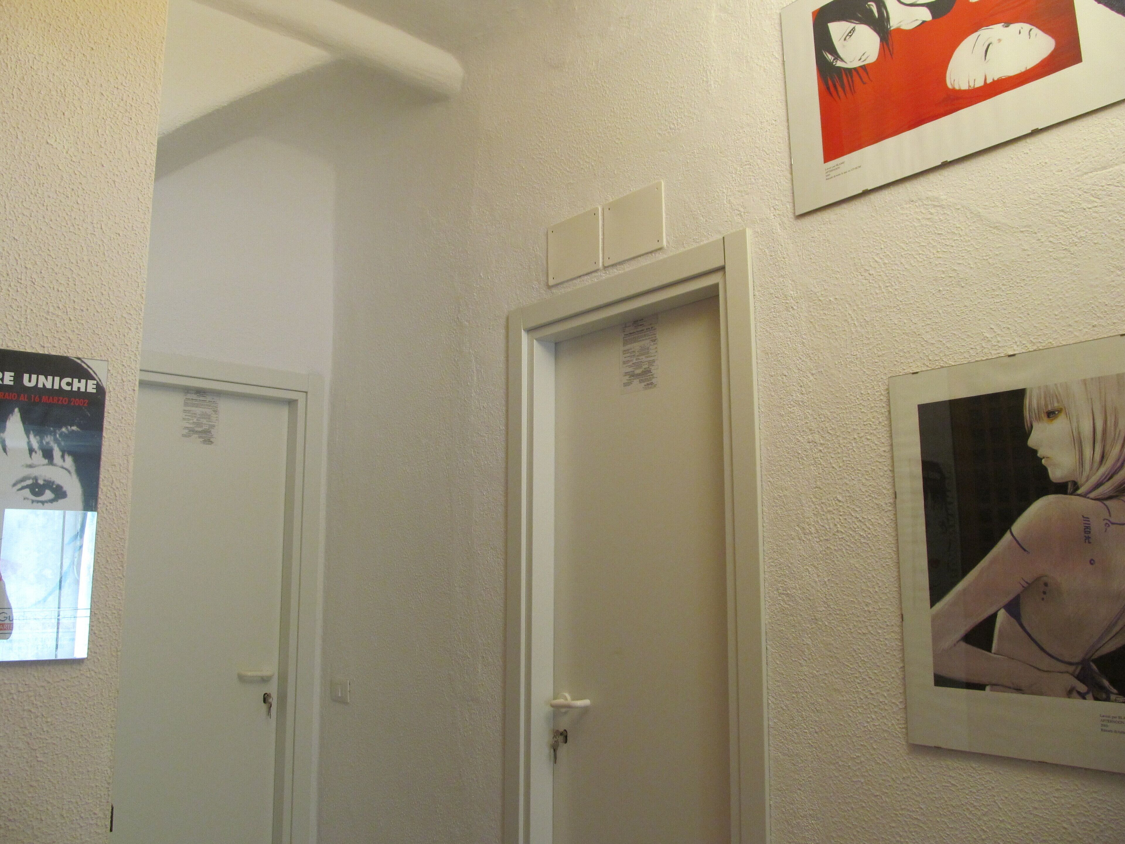A hallway with white walls, a closed door, and two posters on the wall.