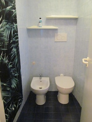 A bathroom with a bidet, toilet, and a shelf with toiletries.
