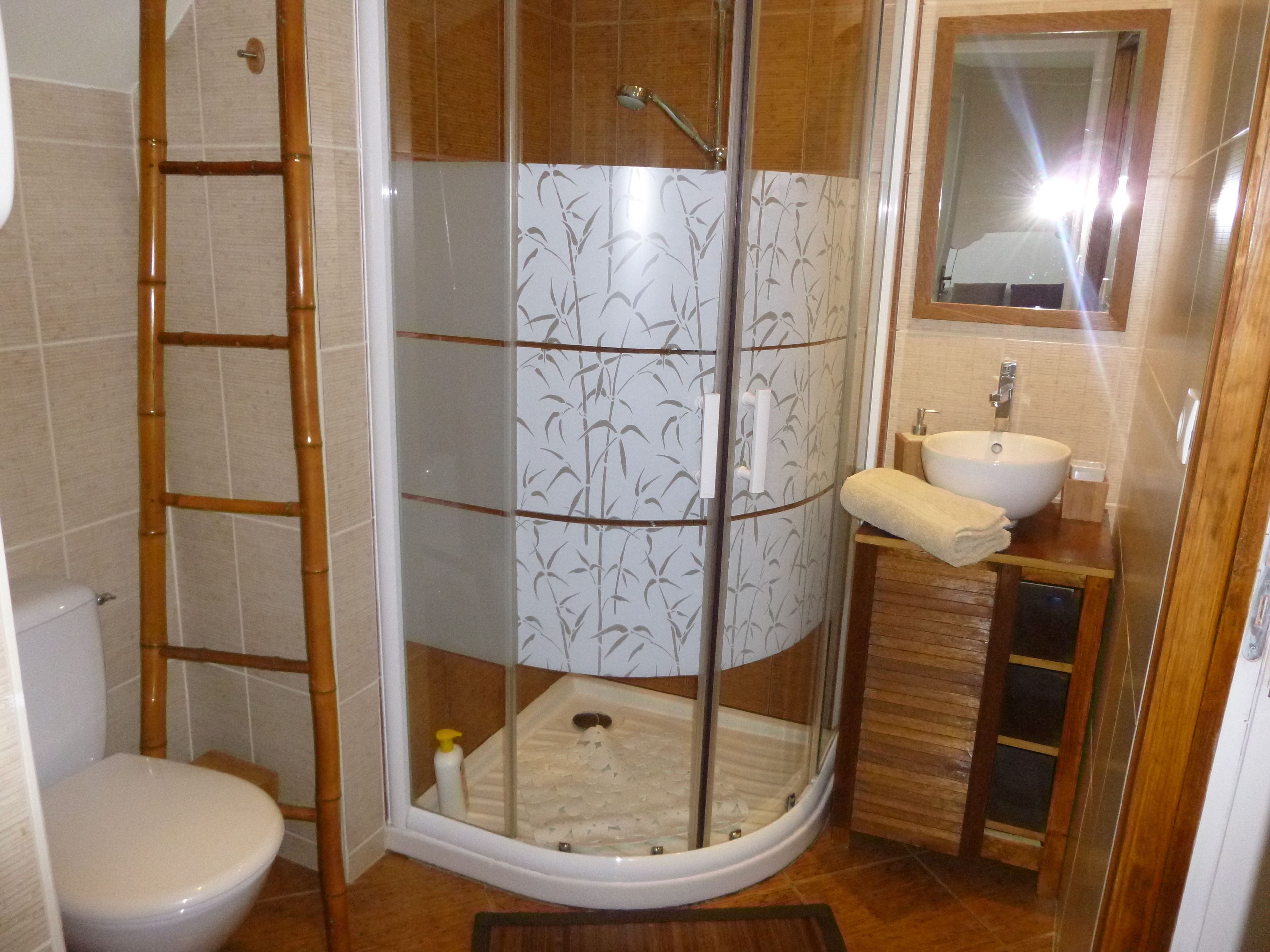 Ein Badezimmer mit Duschkabine, Toilette, Waschbecken und Spiegel.