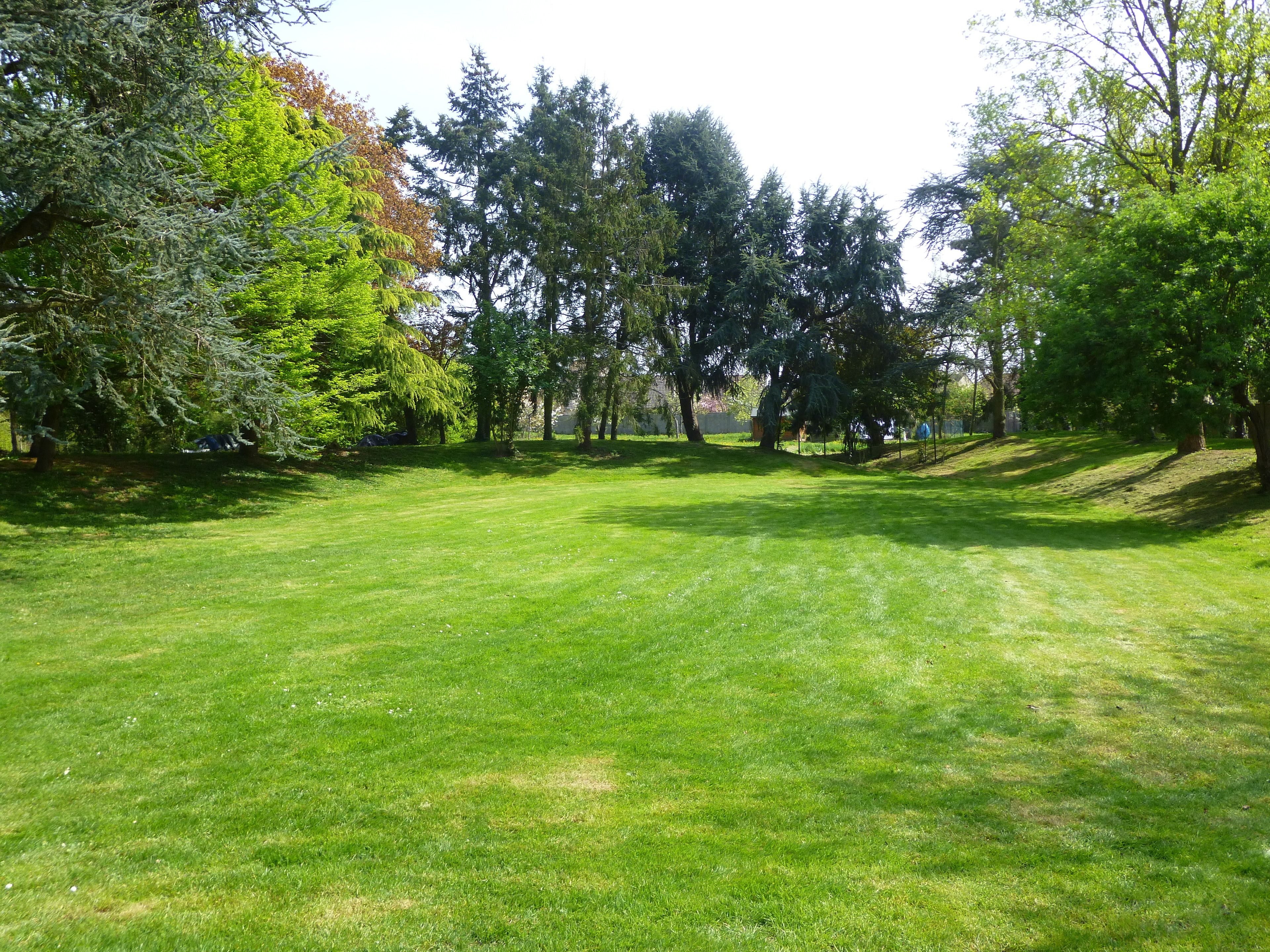 A well-maintained grassy area with trees and a clear sky.