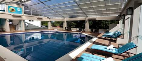 2 indoor pools, open 9:00 AM to 10:00 PM, pool loungers