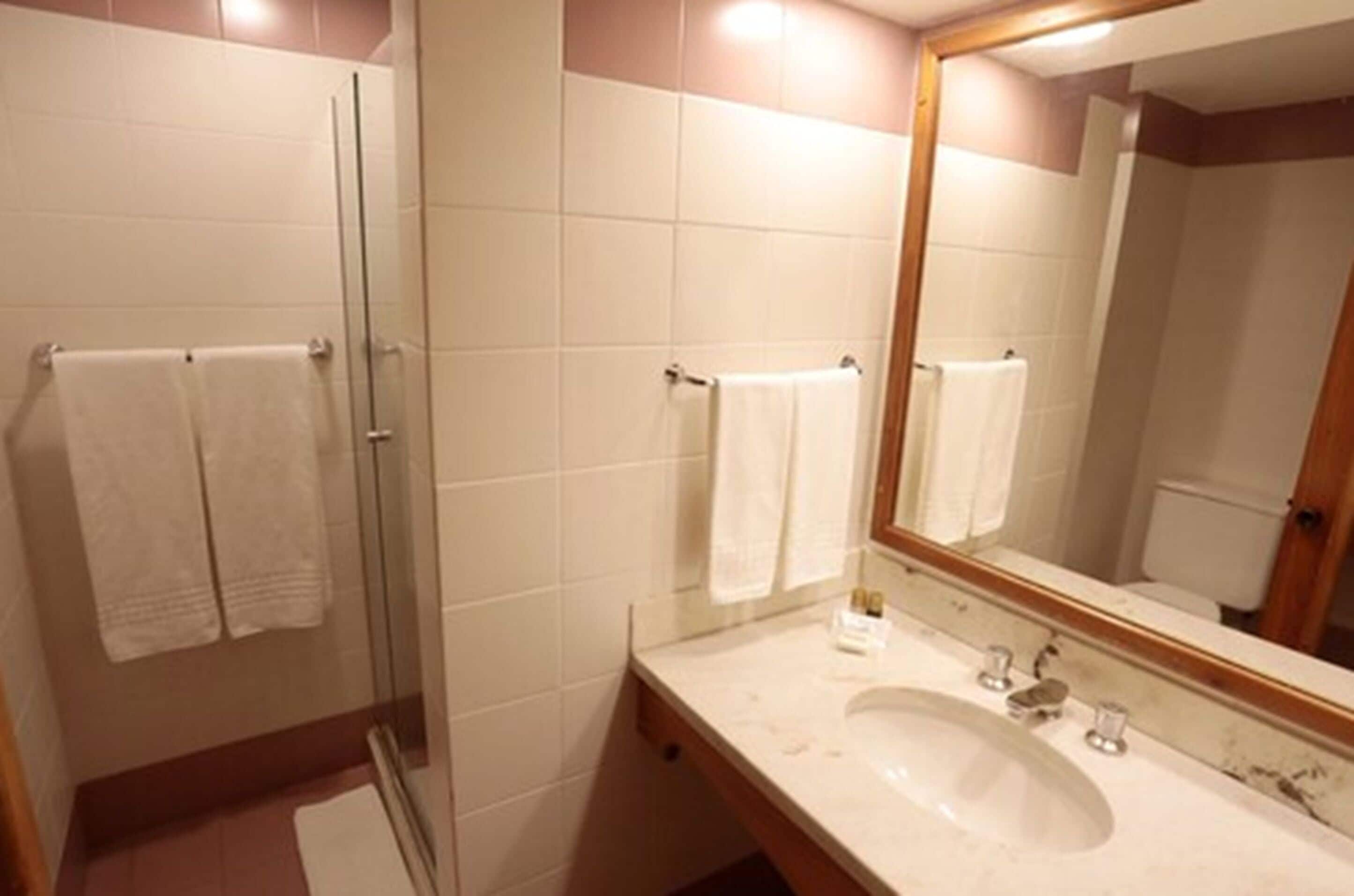 A bathroom with a glass shower enclosure, a sink with a mirror, and two towels hanging on the wall.