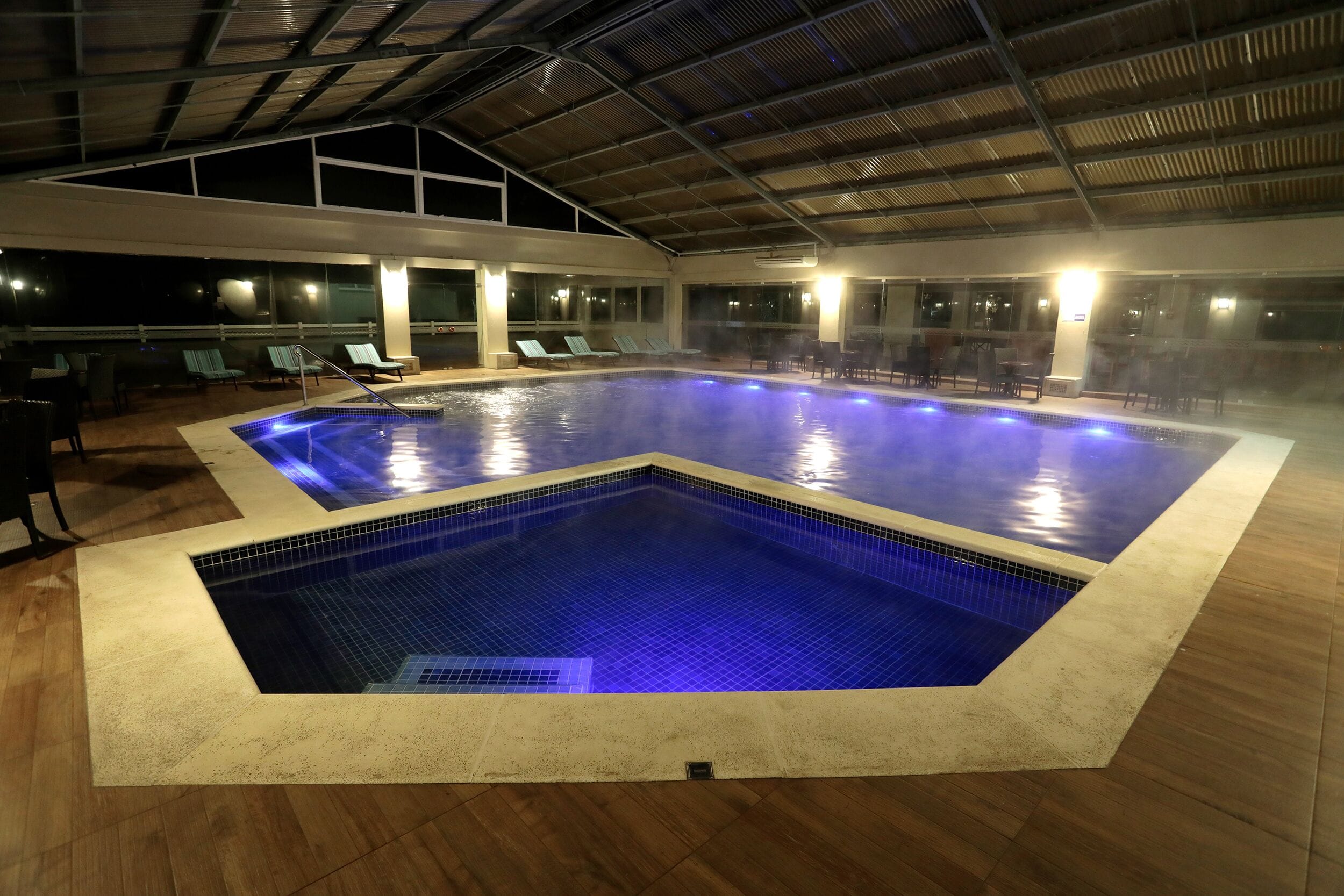 2 indoor pools, open 9:00 am to 10:00 pm, pool loungers