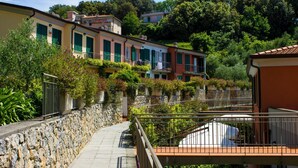 A hillside residential area with terraced houses, stone walls, and lush greenery. - Baia Blu Rta (Lerici)