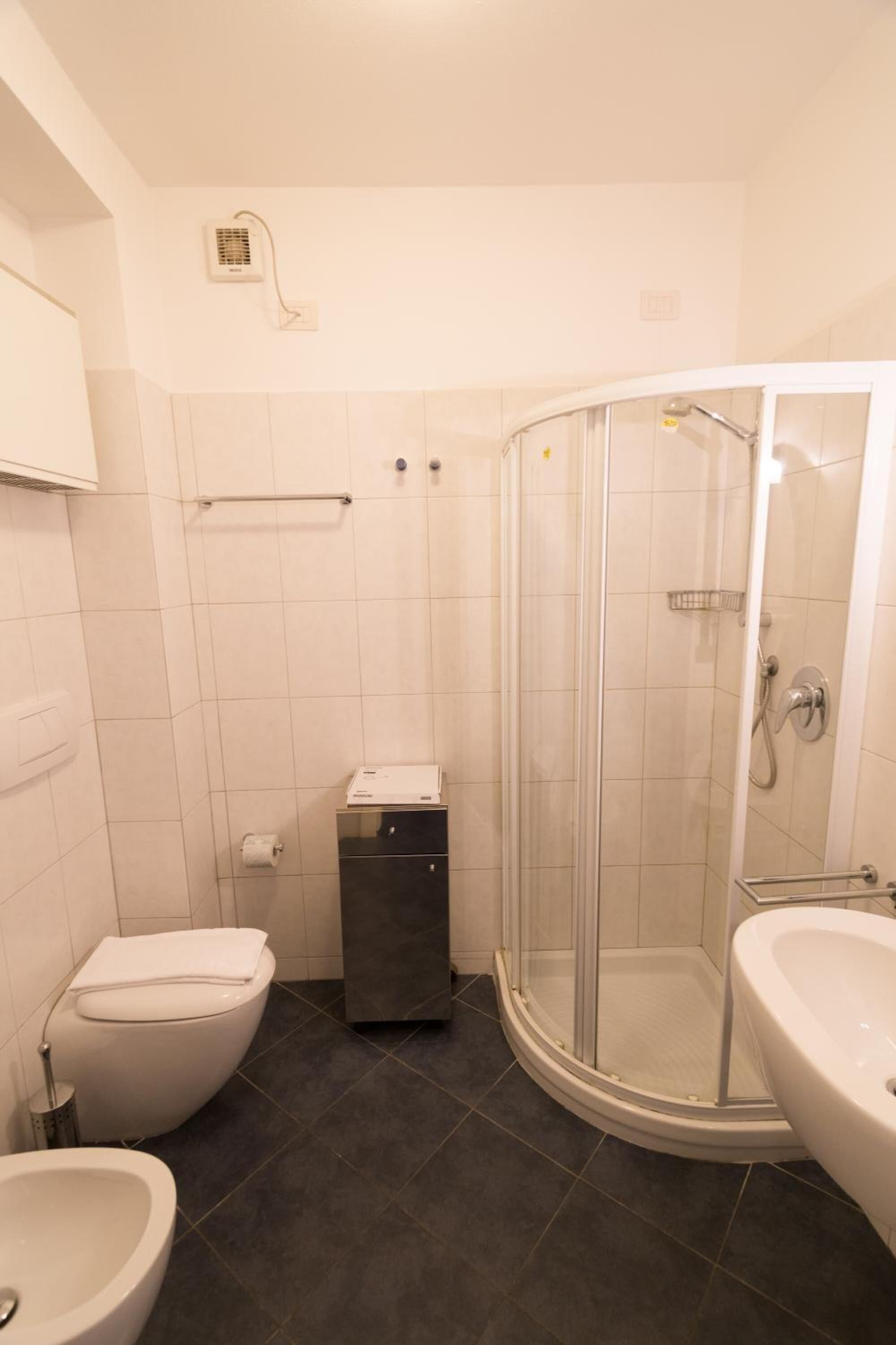 A bathroom with a toilet, bidet, and a glass-enclosed shower.
