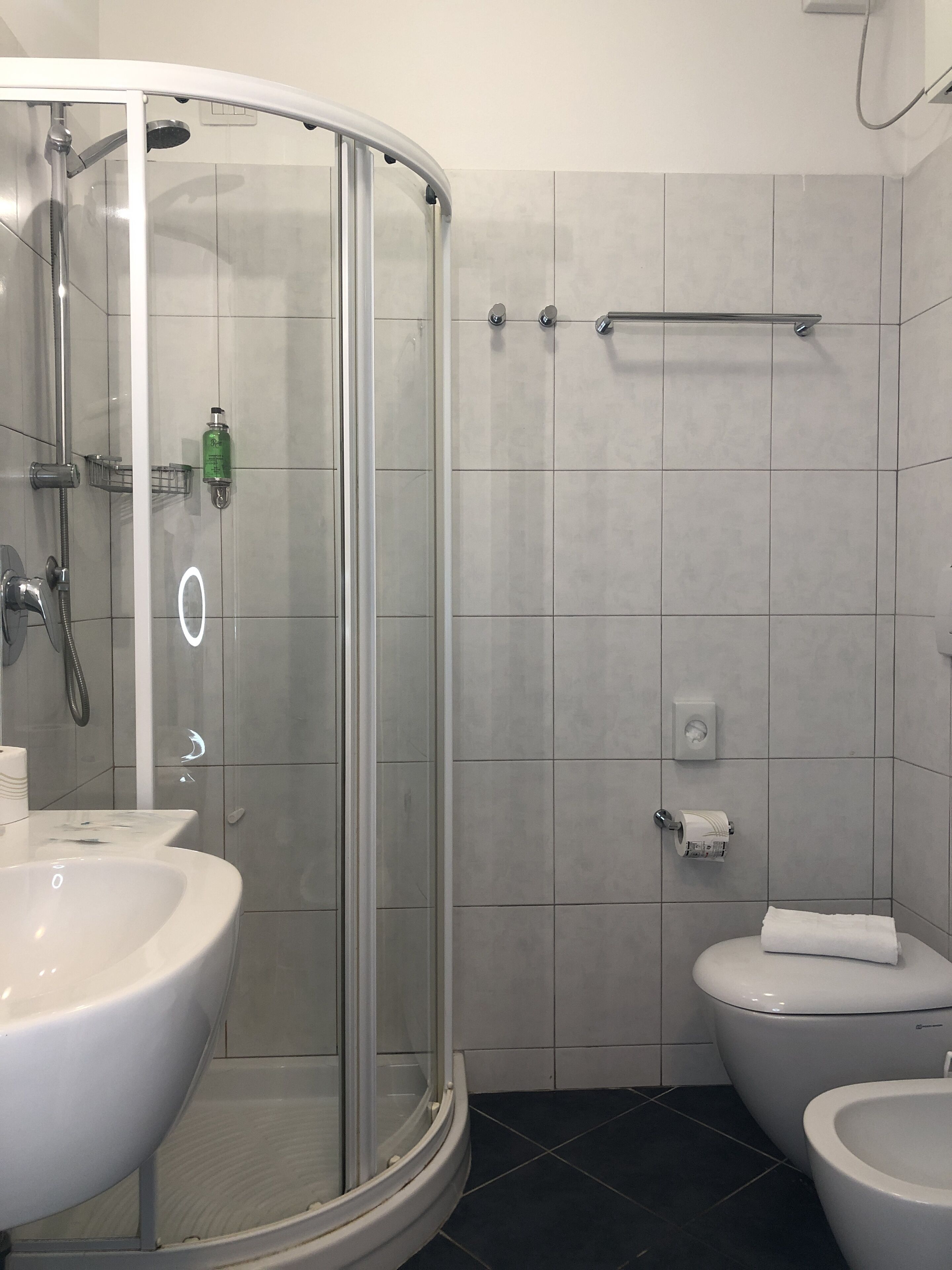 A modern bathroom with a glass-enclosed shower, a white sink, a toilet, and a towel rack.