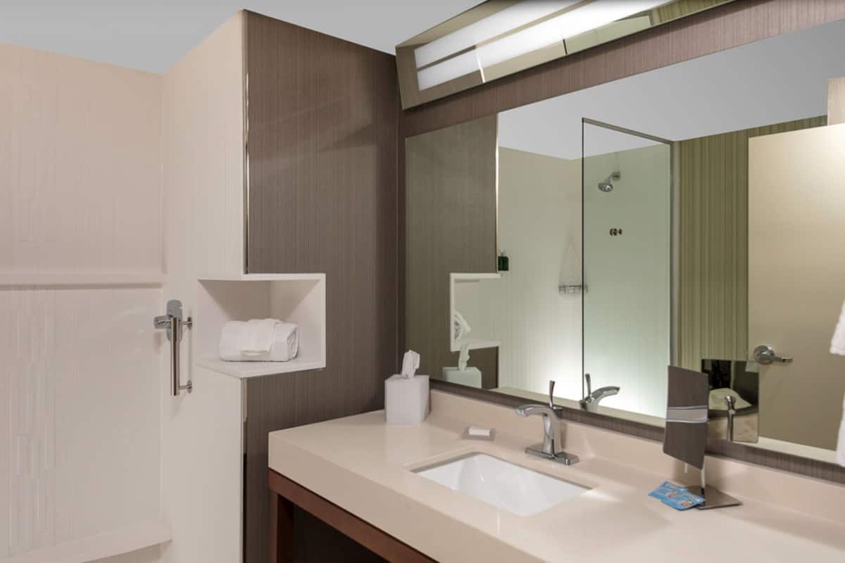 combined shower/bathtub, hydromassage showerhead, free toiletries