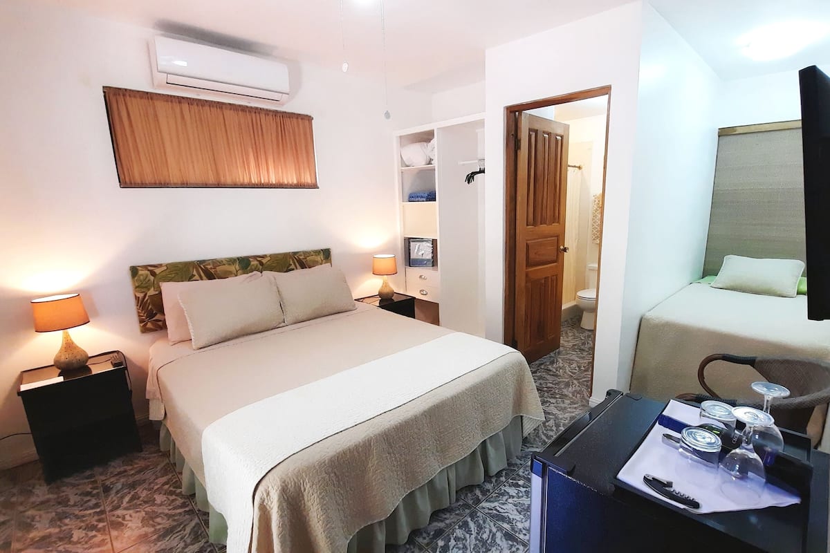 Habitación de hotel con cama, lámparas de noche, televisor, escritorio con silla y armario.