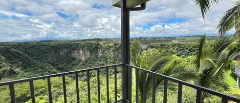 Un balcón con vistas a un paisaje verde exuberante y un cielo despejado.