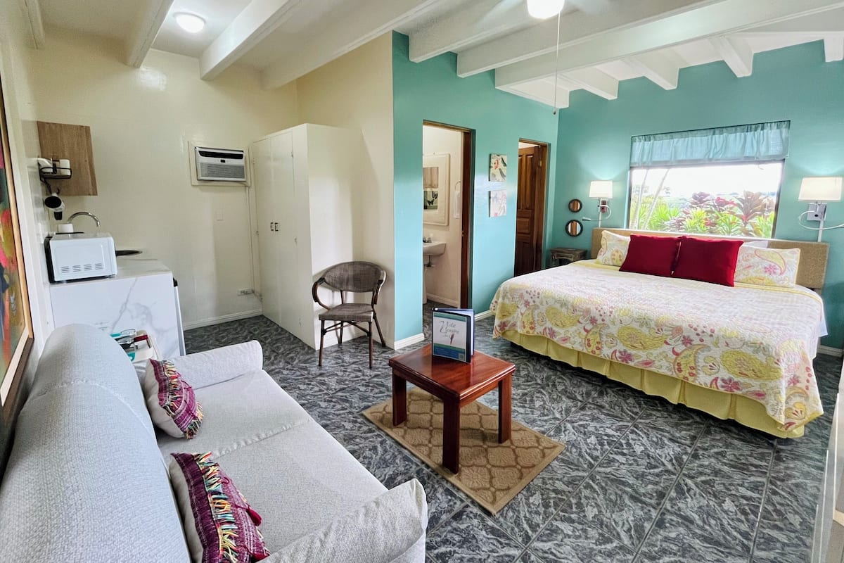 Un dormitorio con cama, sofá, sillón, mesita, ventilador de techo y ventana con cortinas.