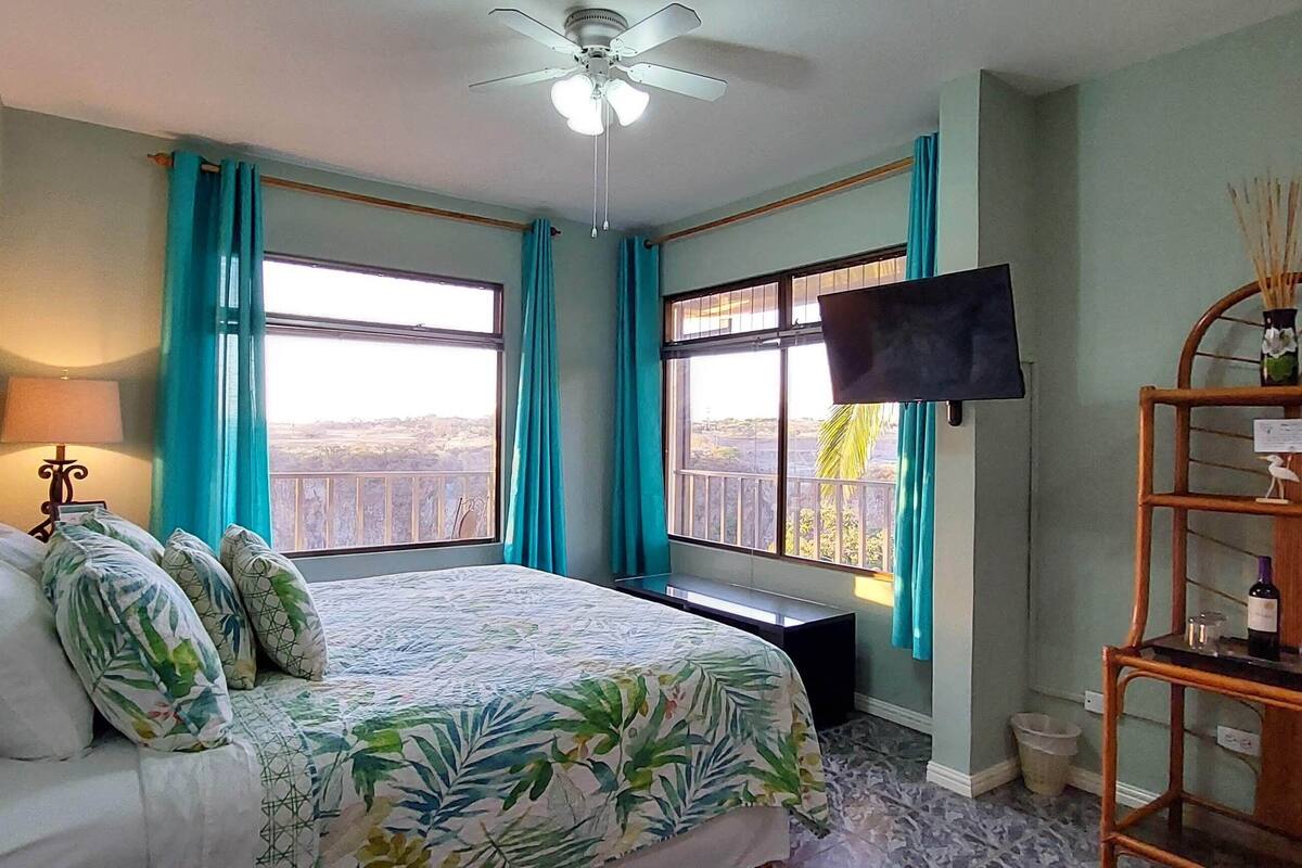 Un dormitorio con una cama, un televisor, una ventana con cortinas, un ventilador de techo y una estantería de madera con un jarrón y una botella.