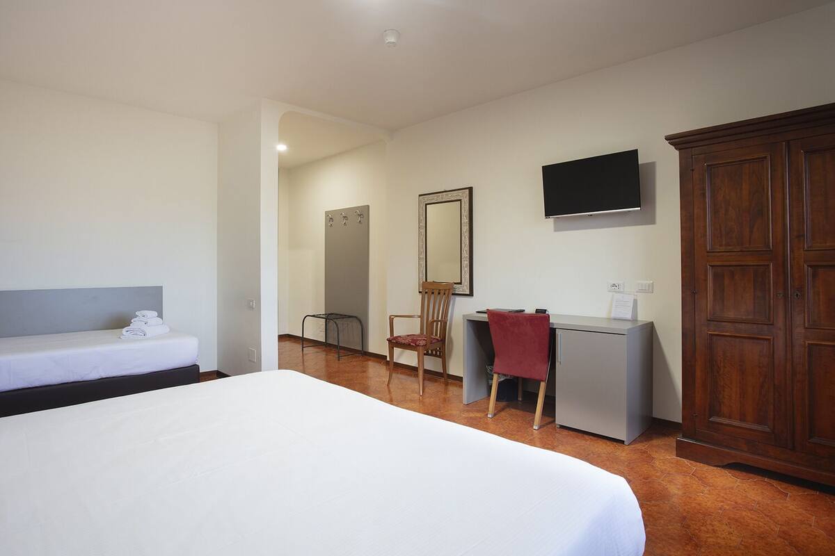 A hotel room with a large bed, a desk with a chair, a wardrobe, a television, and a mirror.