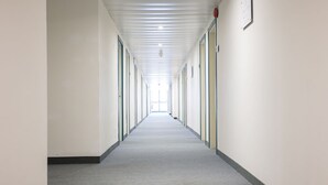 A long, narrow hallway with doors on both sides, a grey carpet, and a white ceiling with linear lighting fixtures.