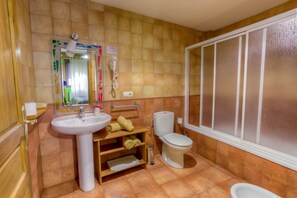 A bathroom with a sink, toilet, and shower area. - La Tintoreria (Villablino)