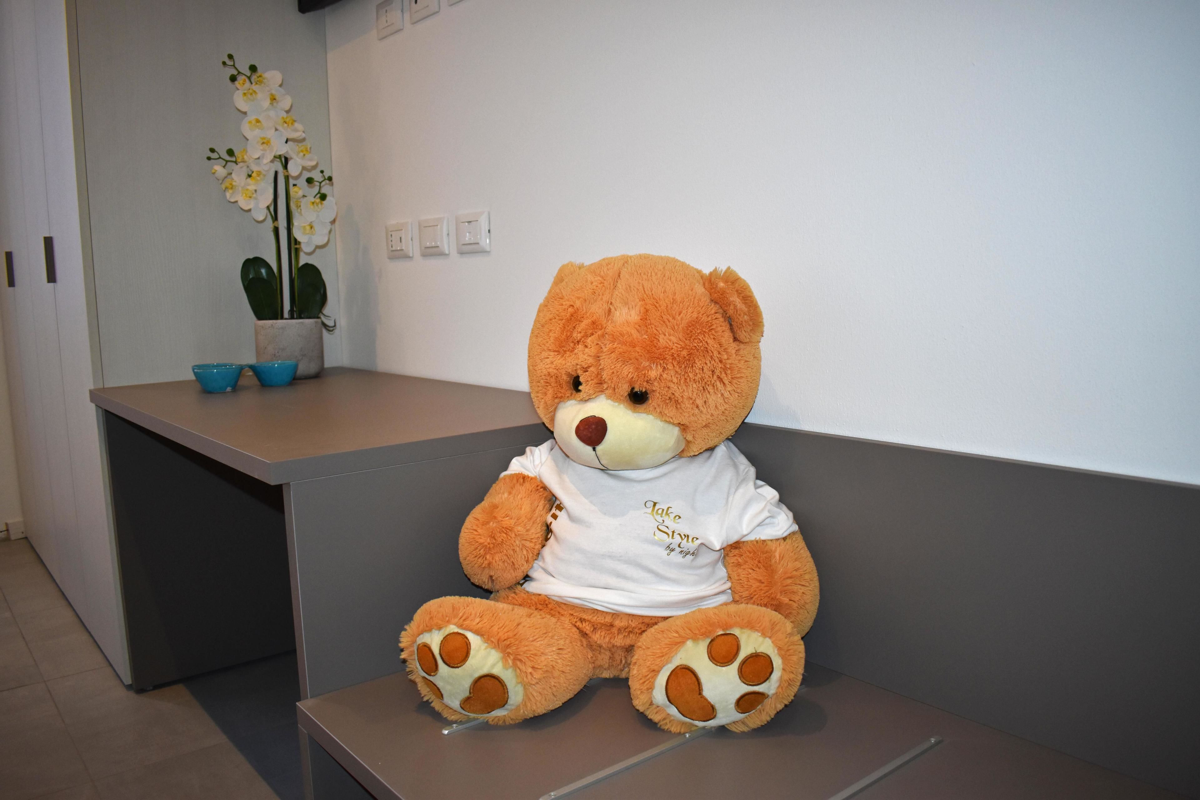 Un oso de peluche suave sentado en un banco en una habitación con una orquídea en maceta y un tazón azul sobre una encimera.
