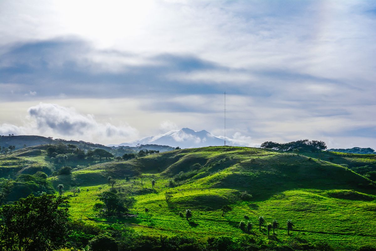 Un paisaje verde exuberante con colinas ondulantes y una cadena montañosa distante bajo un cielo nublado.