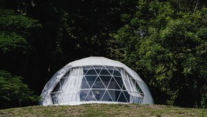 A geodesic dome structure with a transparent facade, surrounded by dense green foliage. - Vida Aventura Ranch (Mogote de Bagaces)